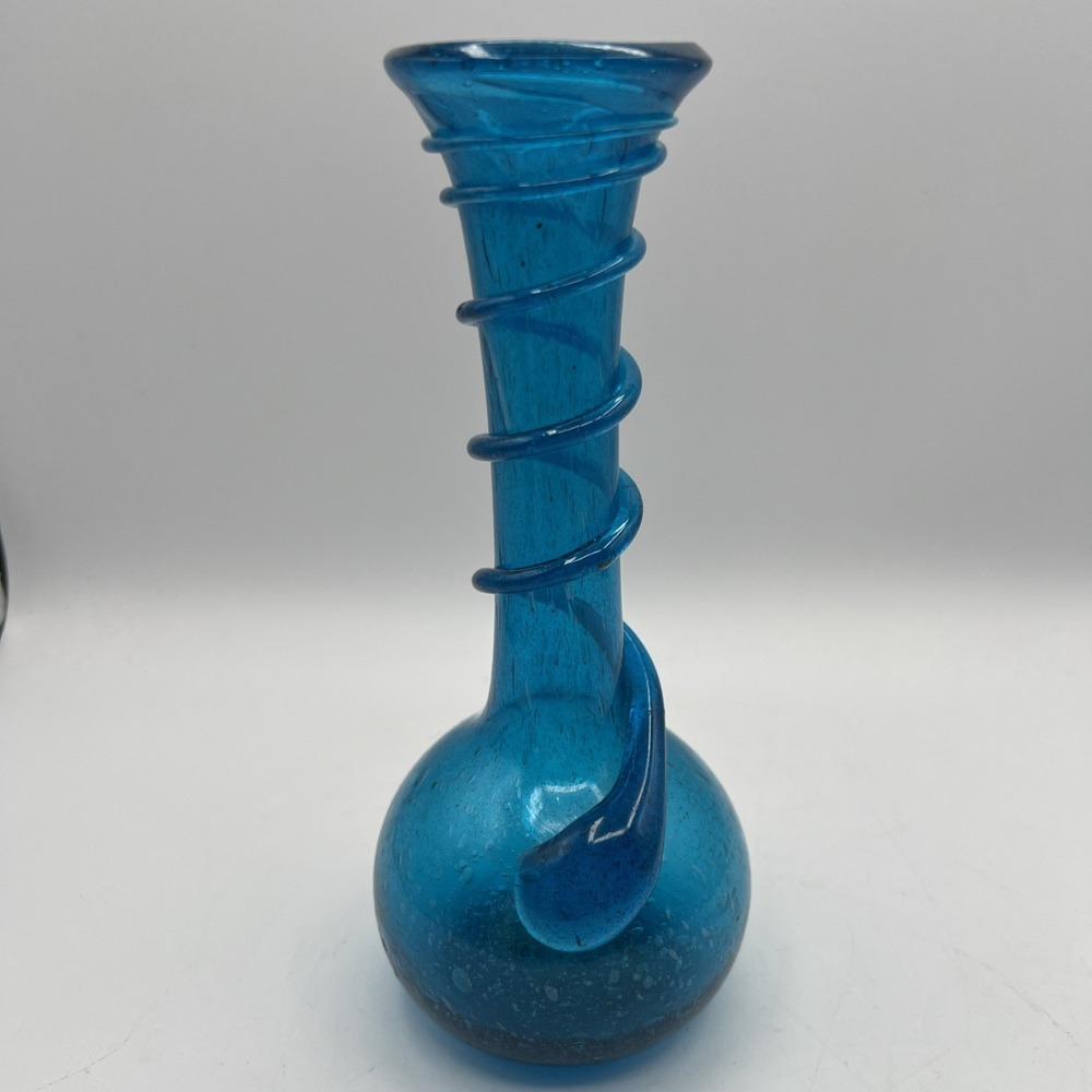 Blown Cobalt‎ Blue Mottled Textured Bubble Glass Coil Bud Vase Applied Coil 7.5"